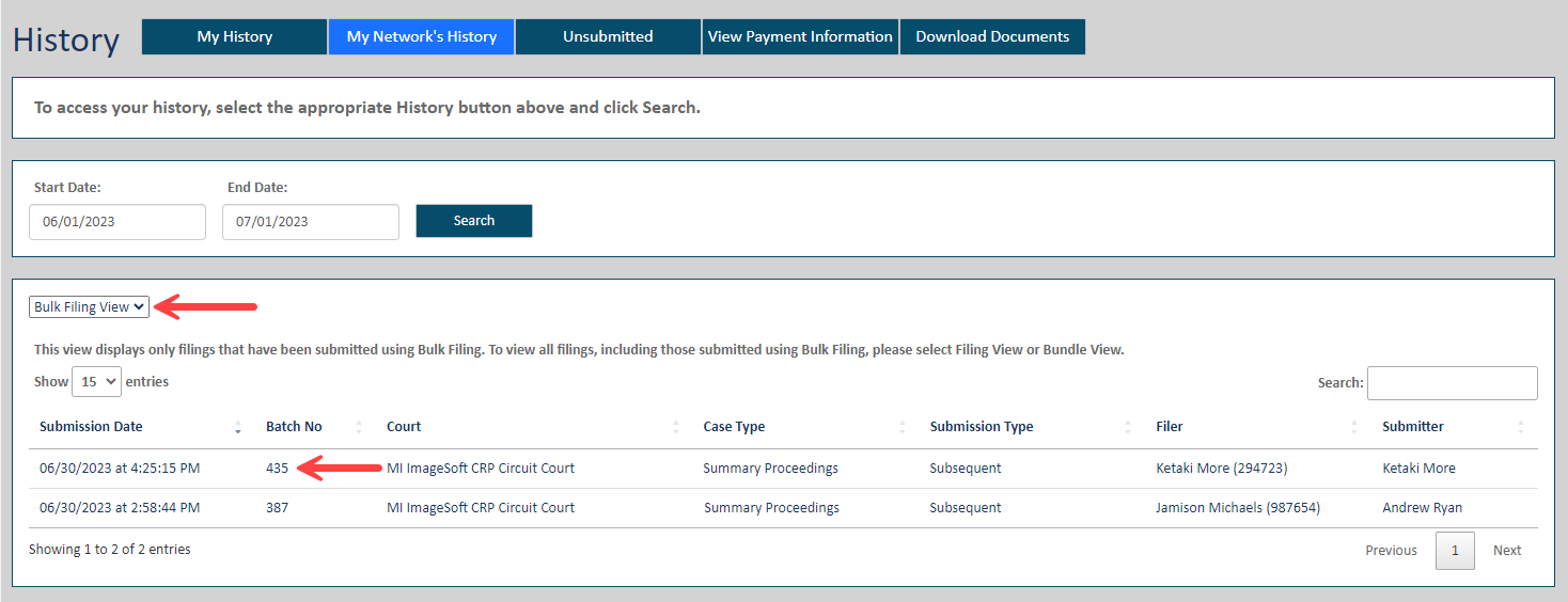 Bulk Filing history returned History page - Bulk Filing View